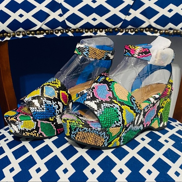 Multi color blue yellow pink white black snake ankle platform bamboo wedges - Picture 2 of 7